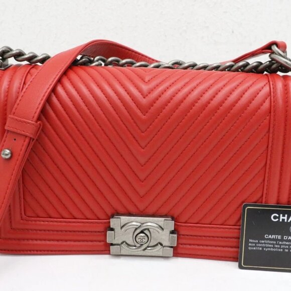 CHANEL Handbags - Chanel Medium Chevron Boy Bag - Red